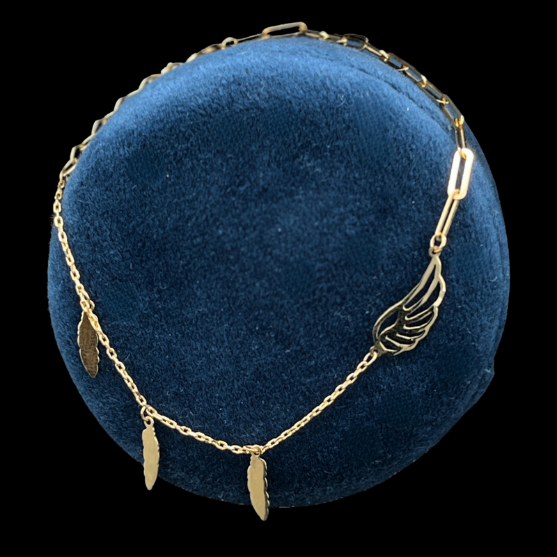 14k YG Angel Wing &amp; Feathers Paperclip Chain Bracelet