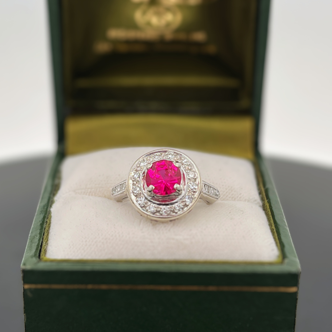 Pre-Loved 14k WG .23ctw Diamond and Lab Grown Ruby Engagement Ring.