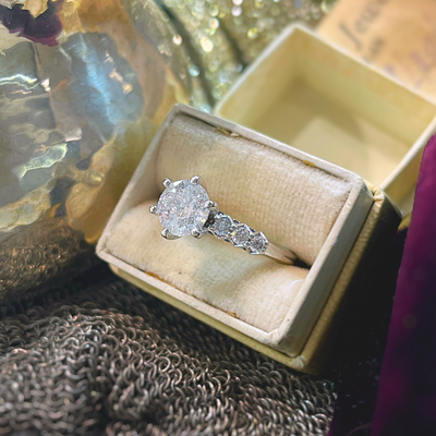 Pre-Loved 14k White Gold Engagement Ring w/ 1.36ct Round I-I2 Round Diamond and Blue Sapphires and Diamond Accents