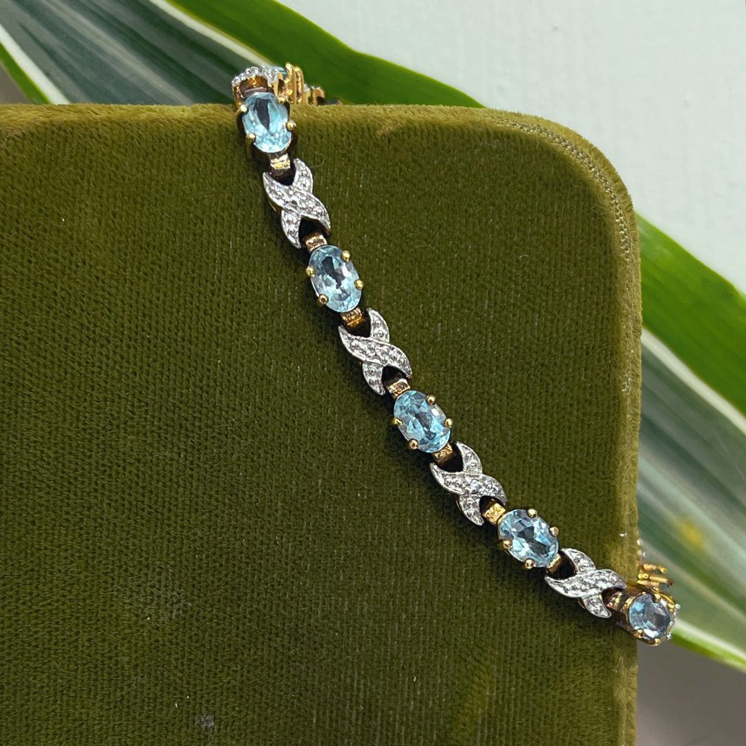 Pre-Loved Sterling Silver Gold Plated Bracelet w/ Aquamarine &amp; Diamonds