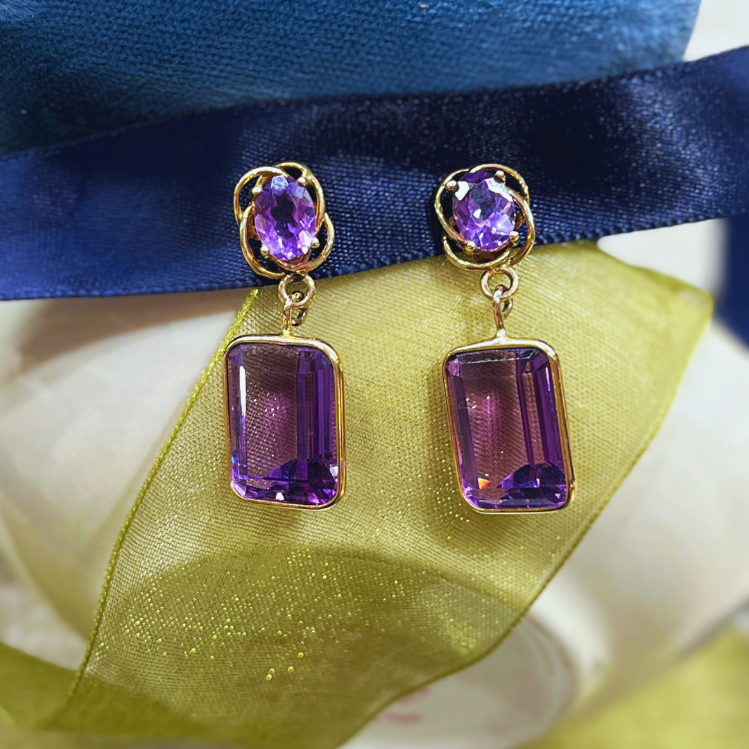 Pre-loved 14k YG 14x11mm Genuine Amethyst Emerald Cut Dangle Earrings