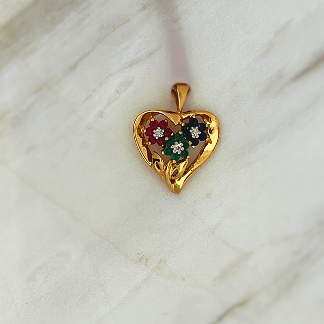 Pre-Loved 14k YG Ruby, Sapphire &amp; Emerald Heart Fashion Pendant