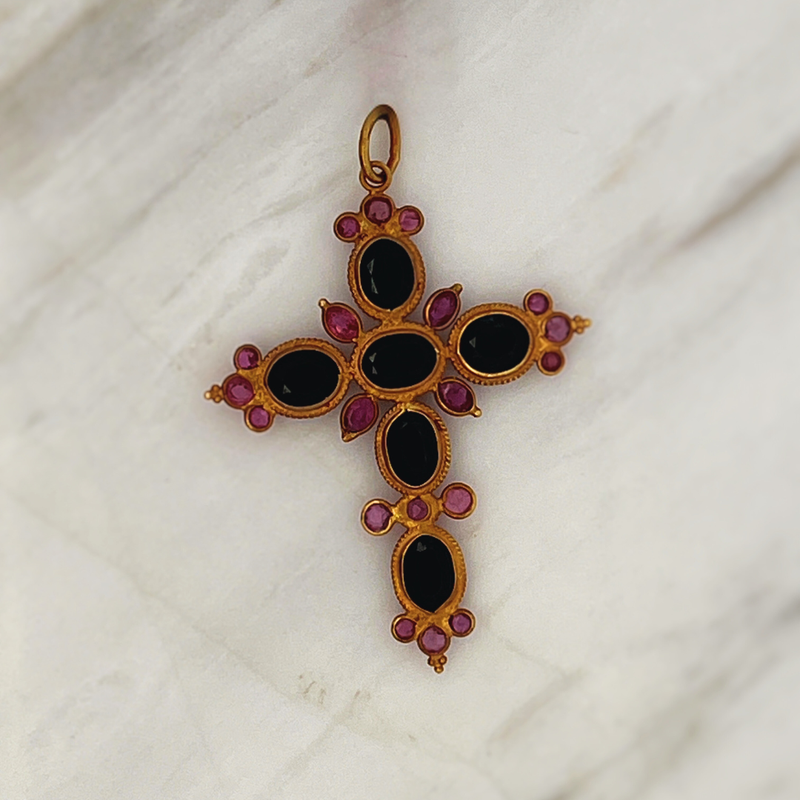 Pre-Loved 18k Rose Gold Vintage Dark Blue Sapphire &amp; Ruby Accent Cross