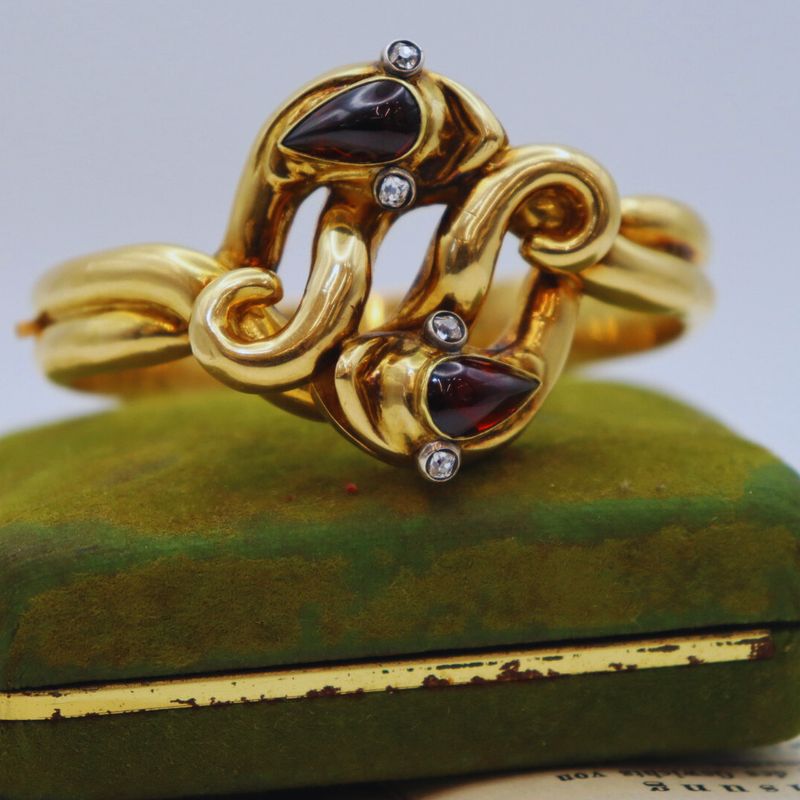 Pre-Loved 14k-16k YG Vintage Snake Bracelet w/ Garnet and Rose Cut Diamond Accents circa 1836