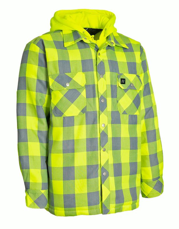 Forcefield Hi-Vis Hooded Buffalo Plaid Quilt-Lined Flannel Shirt Jacket - Lime