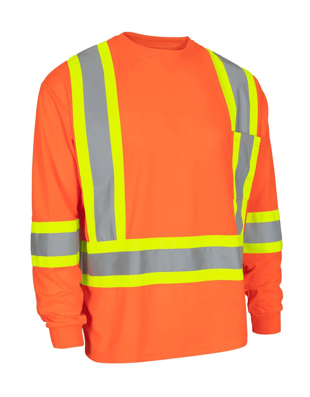 Forcefield Hi Vis Crew Neck Long Sleeve Safety Tee with Chest Pocket, Color: Orange, Size: S