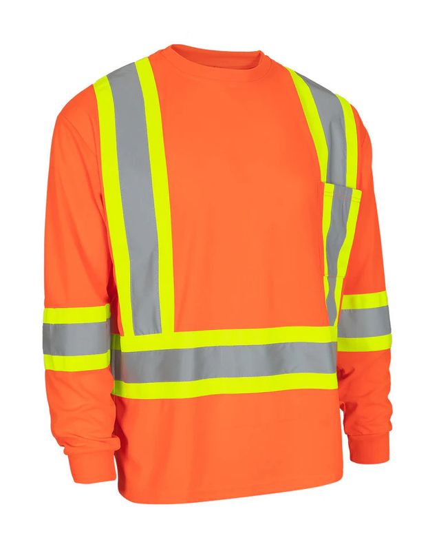 Forcefield Hi Vis Crew Neck Long Sleeve Safety Tee with Chest Pocket
