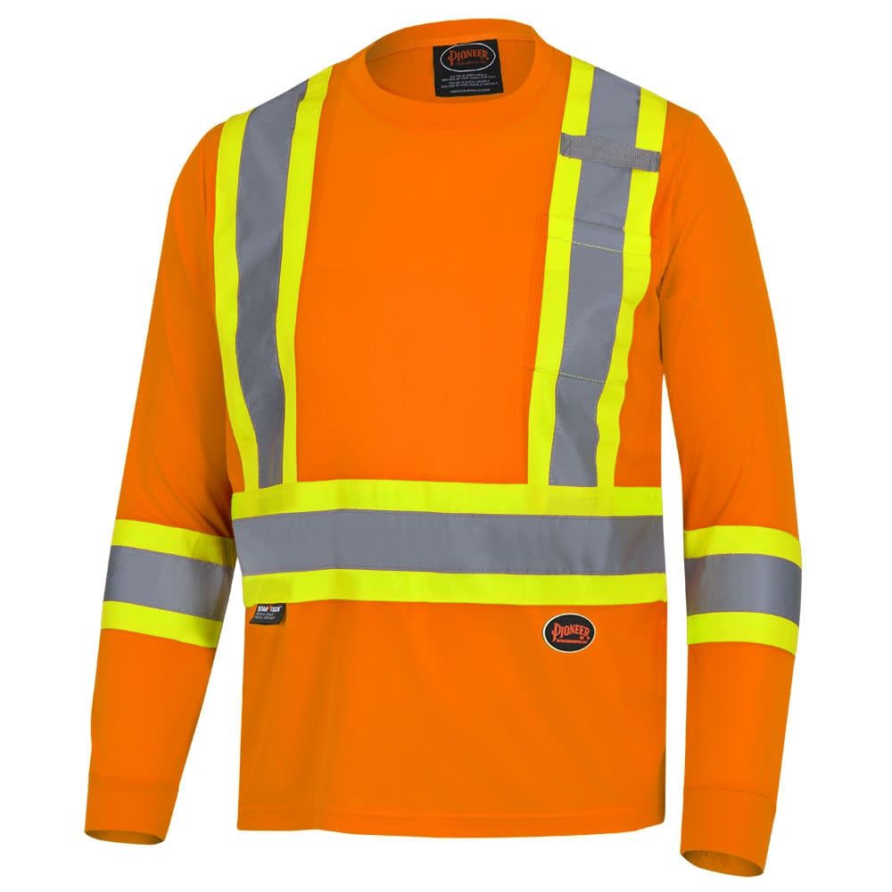 Pioneer Hi-Vis Safety Long-Sleeved Shirt - Bird's-Eye Poly, Color: Orange, Size: XS