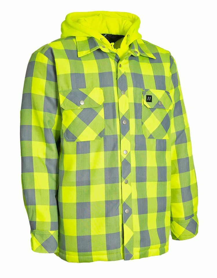 Forcefield Hi-Vis Hooded Buffalo Plaid Quilt-Lined Flannel Shirt Jacket - Lime