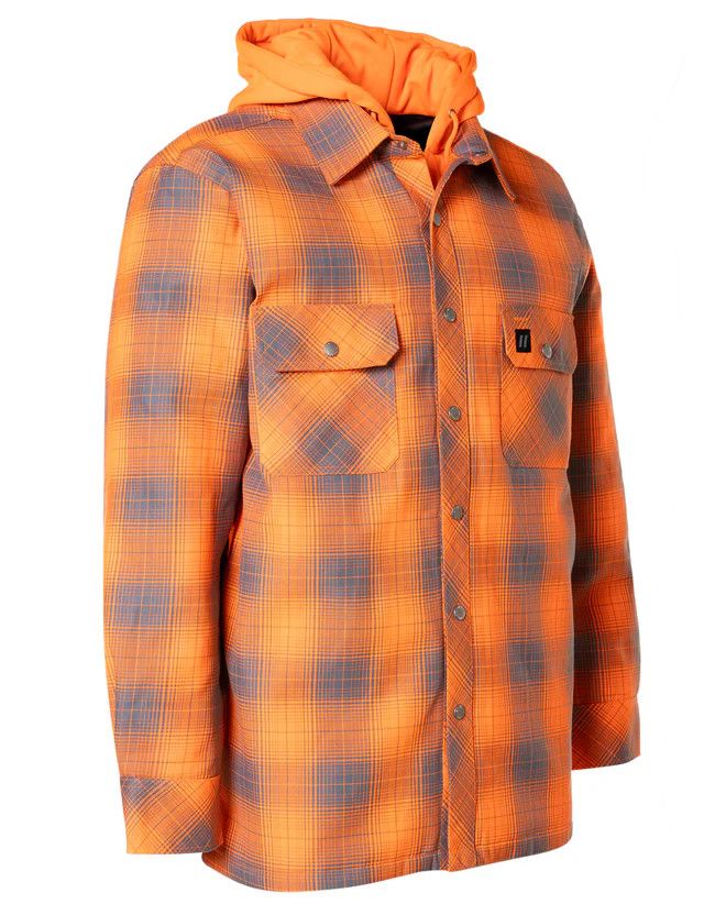 Forcefield Hi Vis Orange Shadow Plaid Hooded Quilt-Lined Flannel Shirt Jacket, Color: Orange, Size: M