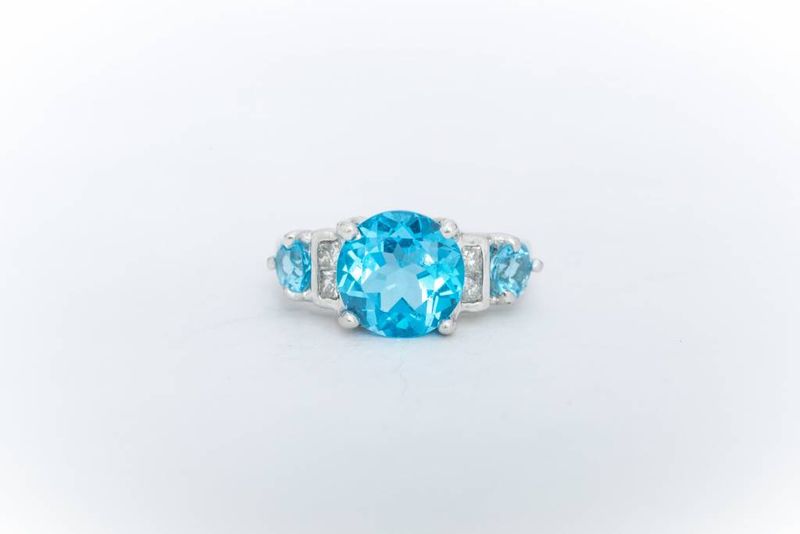 3 Stone Aquamarine and Diamond Ring White Gold 14k
