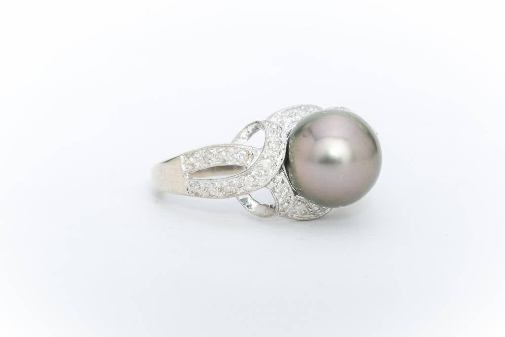 Black Pearl Diamond Ring White Gold 14k