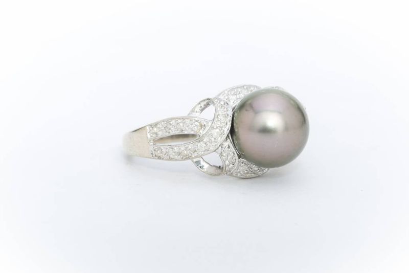 Black Pearl Diamond Ring White Gold 14k
