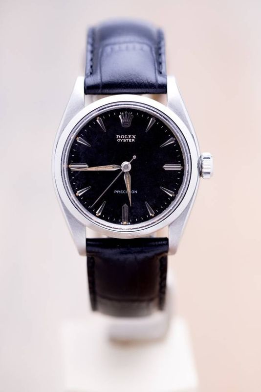 Rolex Black Leather Oyster Precision Black Dial  