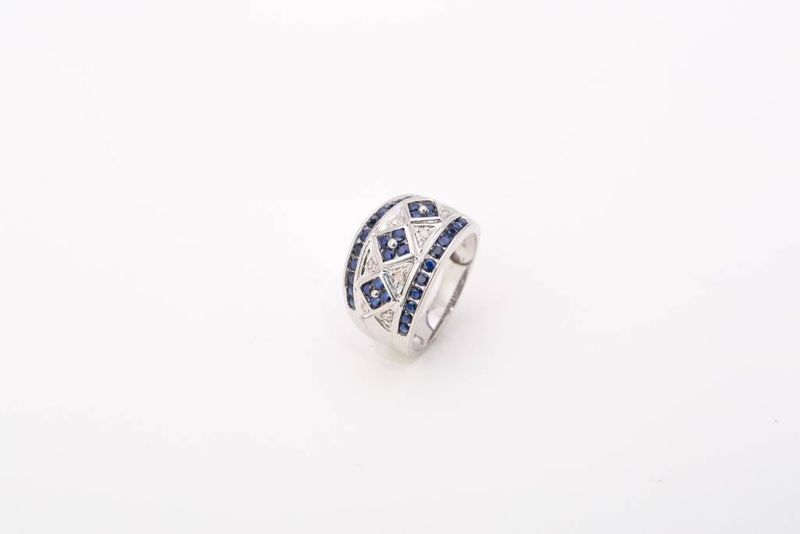 Mens Blue Sapphire and Diamond Ring White Gold 14k