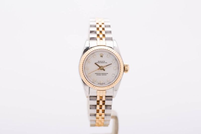 Ladies Rolex Oyster Perpetual Two-Tone White Diamond Dial 