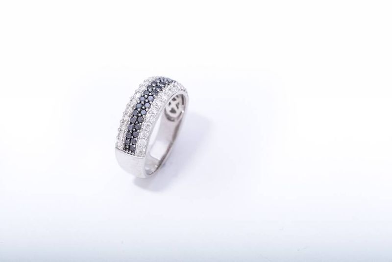Ladies Black and White Diamond 4 Row Ring White Gold 14k
