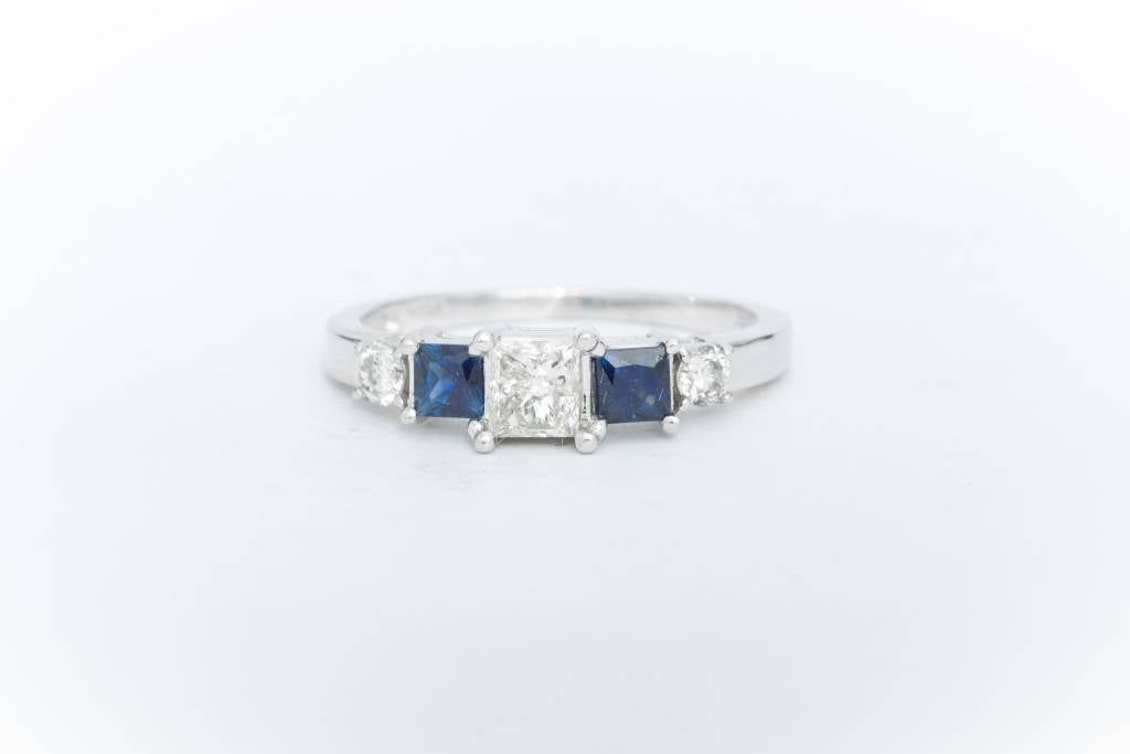 Princess Cut Diamond and Blue Sapphire Ring White Gold 14k