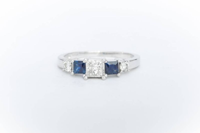 Princess Cut Diamond and Blue Sapphire Ring White Gold 14k