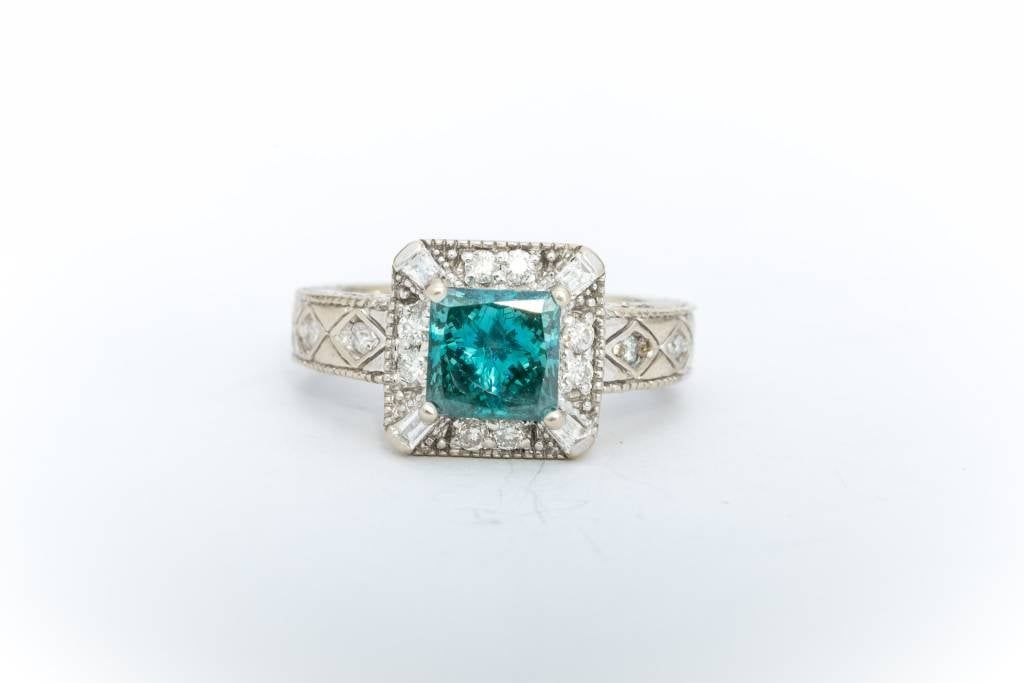 Princess Cut Aquamarine and Diamond Ring White Gold 14k