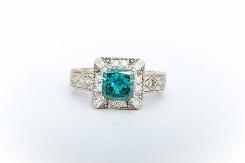 Princess Cut Aquamarine and Diamond Ring White Gold 14k