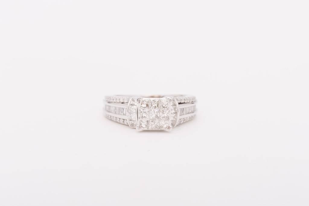 Princess Cut 9 Stone Square White Gold Ring 14k