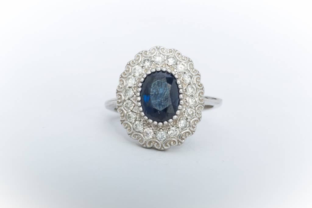 Diamond Framed Blue Sapphire Ring White Gold 14k