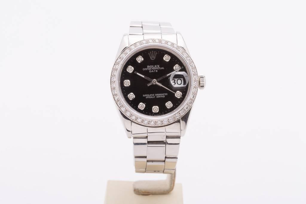 Rolex Stainless Steel Oyster Perpetual Date Diamond Dial and Bezel Black Face