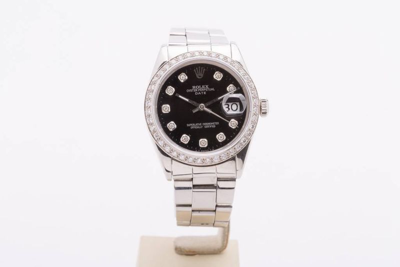 Rolex Stainless Steel Oyster Perpetual Date Diamond Dial and Bezel Black Face