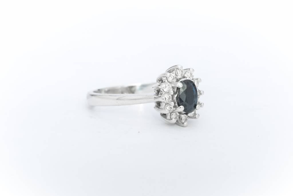 Blue Sapphire and Diamond Ring White Gold 14k