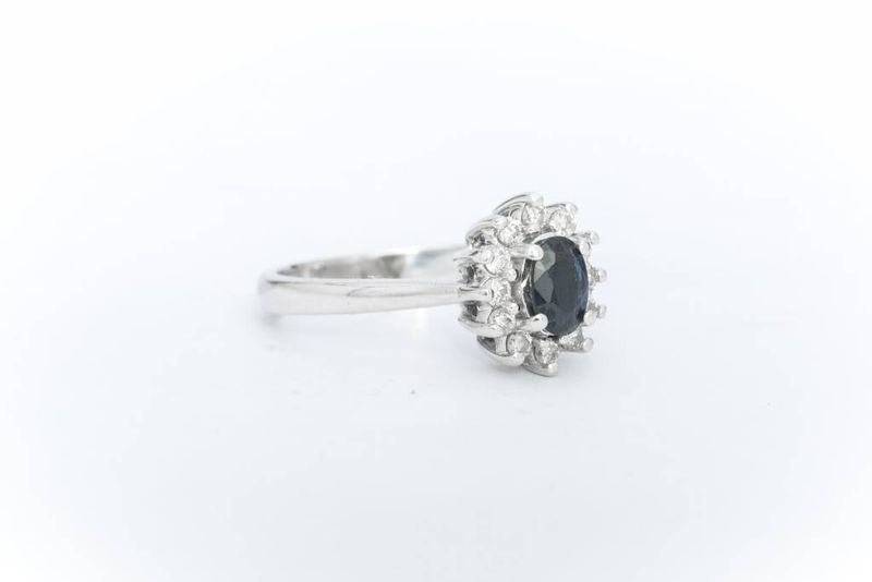 Blue Sapphire and Diamond Ring White Gold 14k
