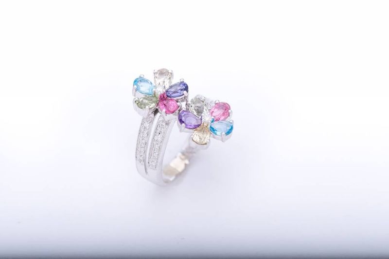 Multi Colored Gemstone Flower Ring White Gold 14k