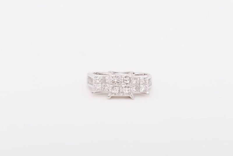Princes Cut Quad Diamond 3 Stone Ring White Gold 14k