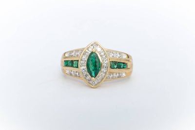Emerald and Diamond Marquise Cut Ring Yellow Gold 14k 