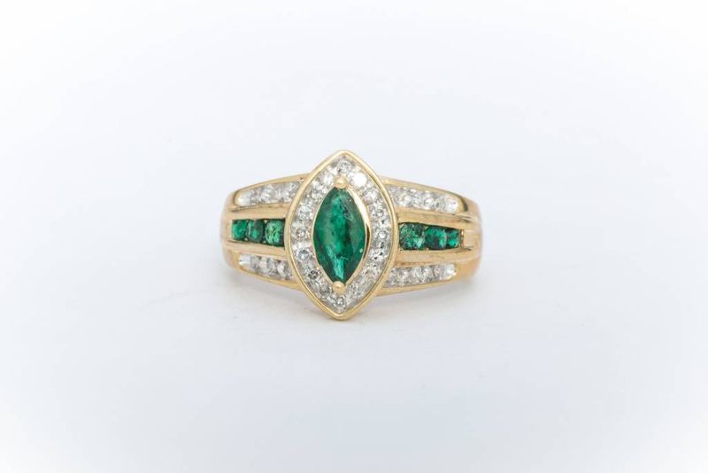 Emerald and Diamond Marquise Cut Ring Yellow Gold 14k 