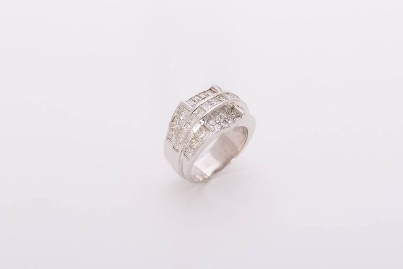 Mens 3 Row Princess Cut Diamond Ring White Gold 18k