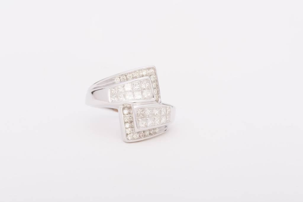 Framed Princess Cut Diamond Bypass Ring White Gold 14k
