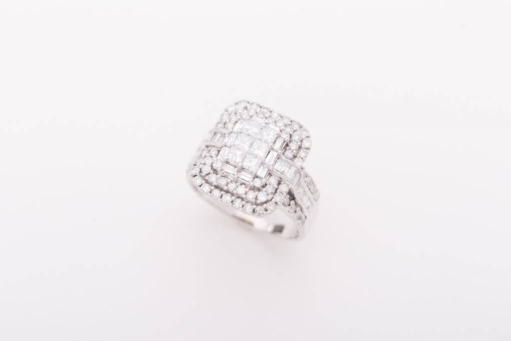 Princess Cut 6 Stone Diamond Rectangle Triple Frame Ring White Gold 14k