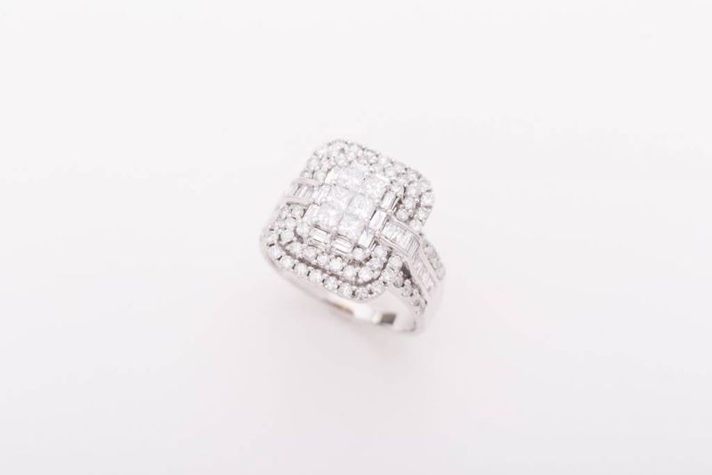 Princess Cut 6 Stone Diamond Rectangle Triple Frame Ring White Gold 14k