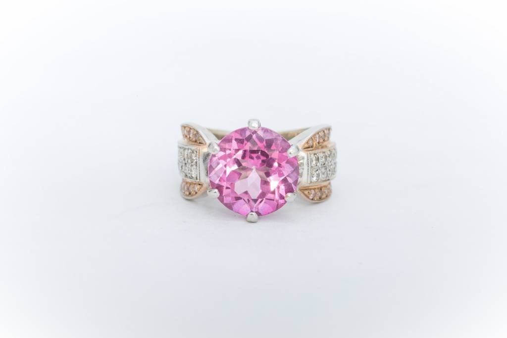 Pink Tourmaline and Diamond Ring Yellow Gold 14k