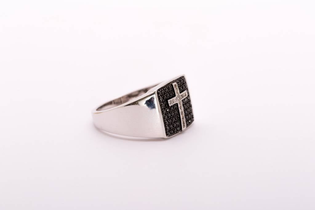 Mens Black and Clear Diamond Cross White Gold 10k