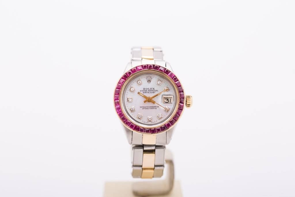 Ladies Rolex Datejust Diamond Dial Ruby Bezel Two-Tone