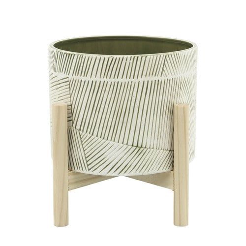 Ceramic Planter W/ Wood Stand-8&quot;-Green Mix