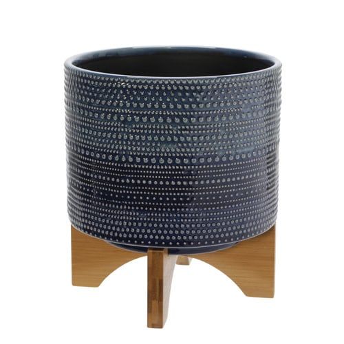 Dotted Planter W/ Wood Stand-Blue 8&quot;