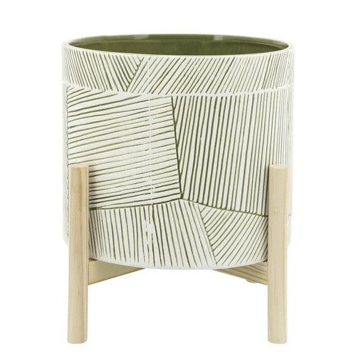 Ceramic Planter W/ Wood Stand-Green Mix 12&quot;