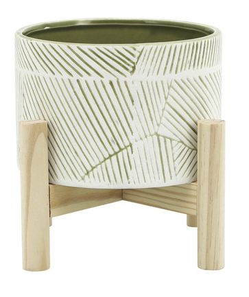 Ceramic Planter W/ Wood Stand-Green Mix 6&quot;