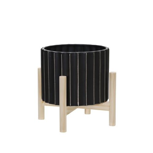Ceramic Fluted Planter W/ Wood Stand-Black-8&quot;