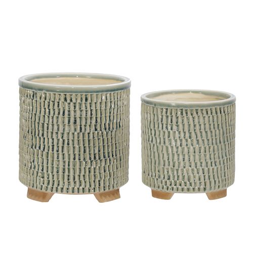 Ceramic Textured Footed Planters Set of 2-Green