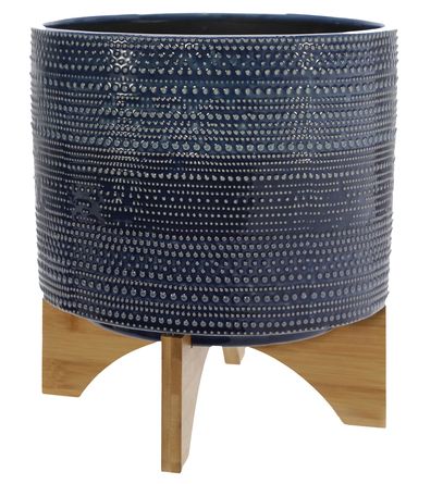 Dotted Planter W/ Wood Stand-Blue-11&quot;