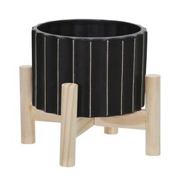 Ceramic Fluted Planter W/ Wood Stand, Black-6&quot;